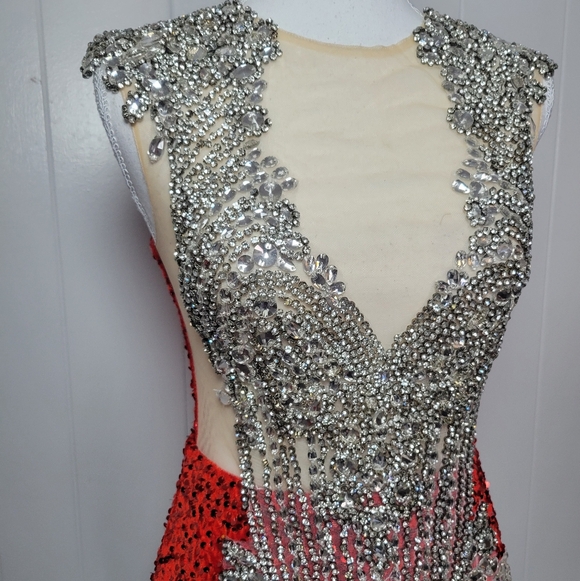 Silver Crystal Jeweled & Red Rhinestone Mesh Detail Formal Mini Dress Pageant S - Picture 4 of 15